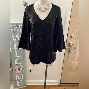 MSK black sequin shiny bell sleeve top size large